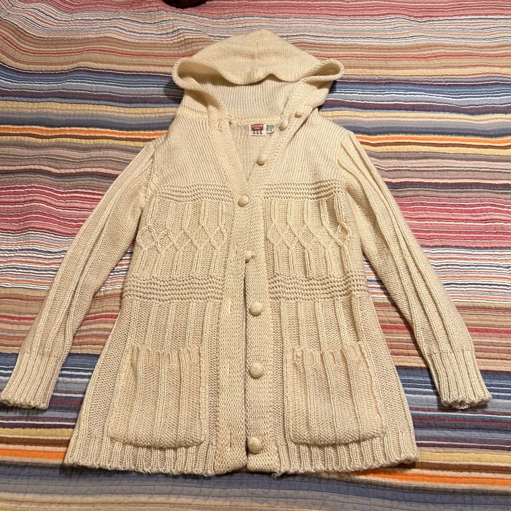 VTG Three Feet Off Cream Cable Knit Hooded Cardigan Sweater Pockets Size L